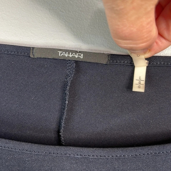 TAHARI Midnight Navy Blue Midi Shift Dress Bateau Neck White Trim 3/4 Sleeves L - Picture 7 of 11